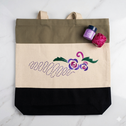 Xeebill hand-embroidered canvas tote bag with geometric cross-stitch and color block design