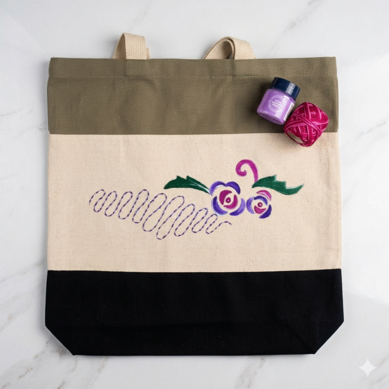Xeebill hand-embroidered canvas tote bag with geometric cross-stitch and color block design