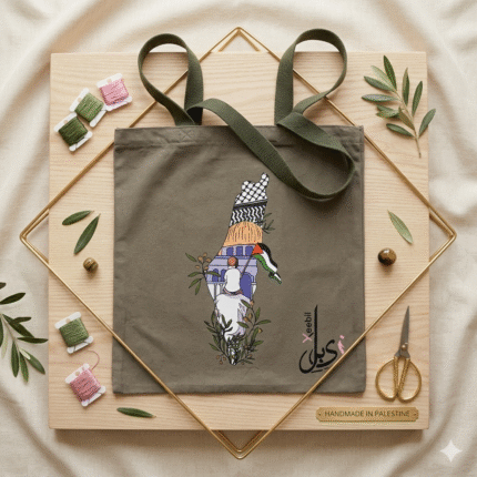 Xeebill heritage illustration tote bag featuring olive branches and Keffiyeh motifs