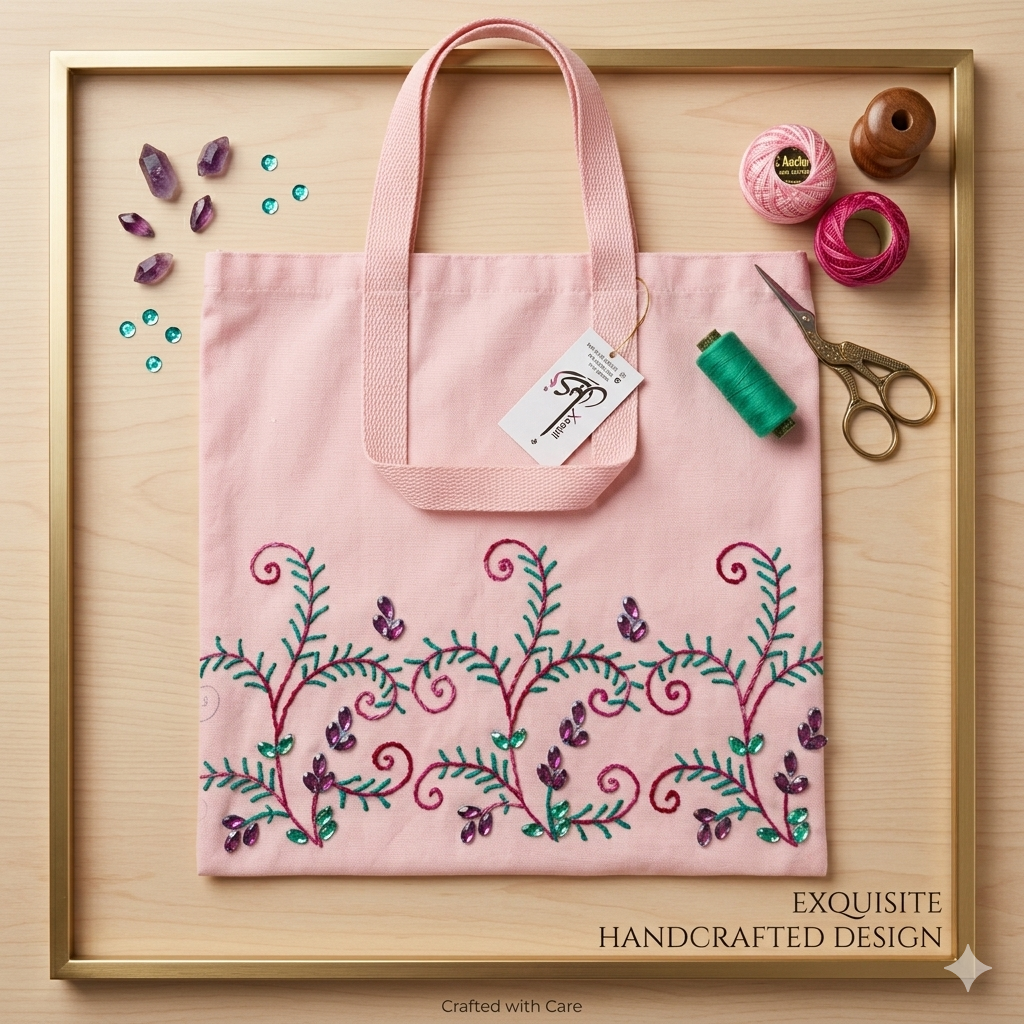 Xeebill pink canvas tote bag with intricate hand-embroidered floral vines and sequins