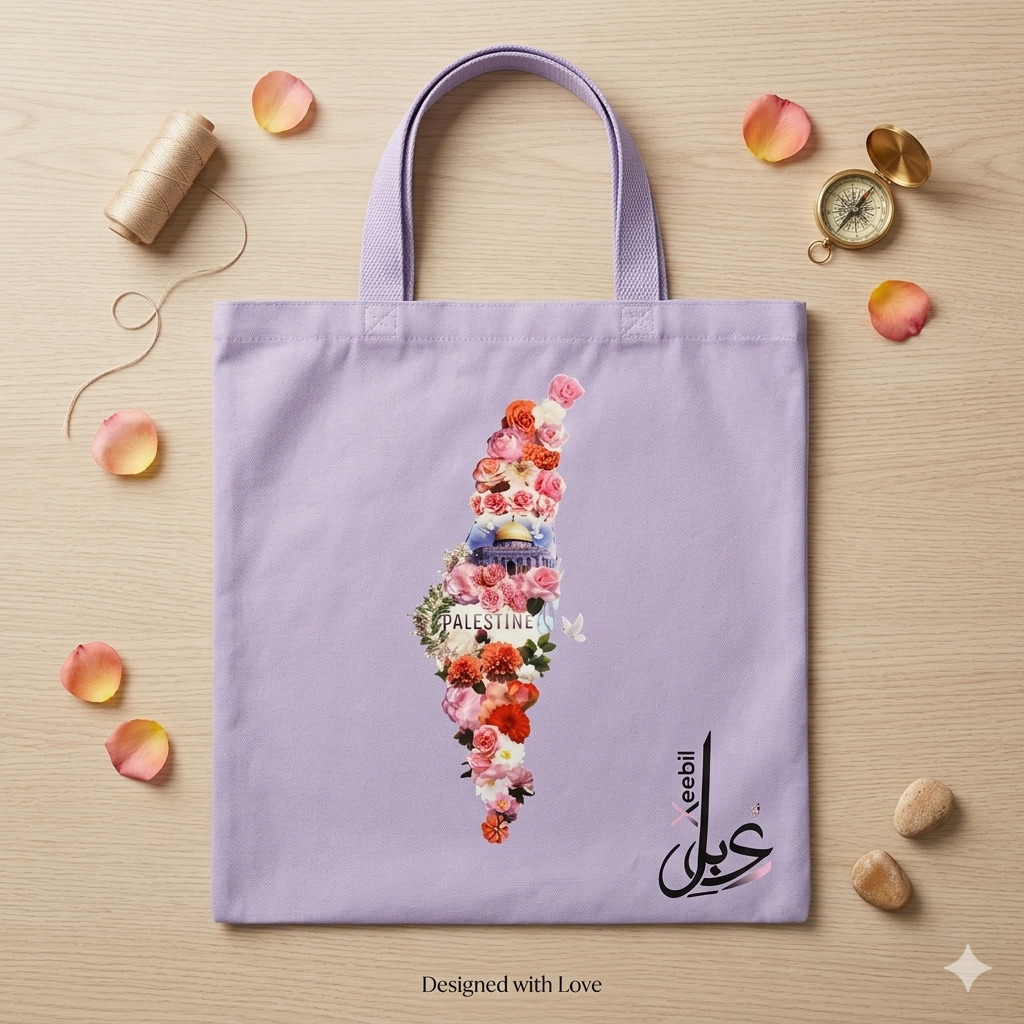 Gemini_Generated_Image_cwryv5cwryv5cwry Xeebill sky blue and lavender canvas totes with Palestine floral map design