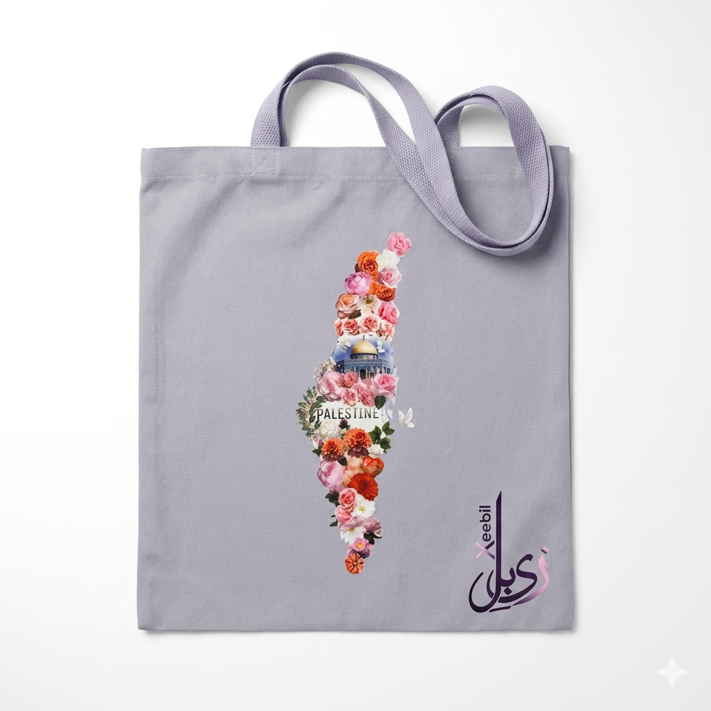 Gemini_Generated_Image_dy8sk1dy8sk1dy8s Xeebill canvas tote bag with Palestine map silhouette featuring Keffiyeh and Dome of the Rock illustrations