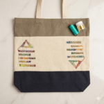 Xeebill hand-embroidered canvas tote bag with geometric cross-stitch and color block design