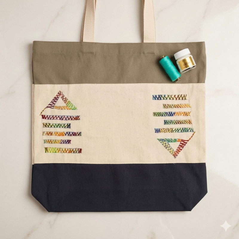 Xeebill hand-embroidered canvas tote bag with geometric cross-stitch and color block design