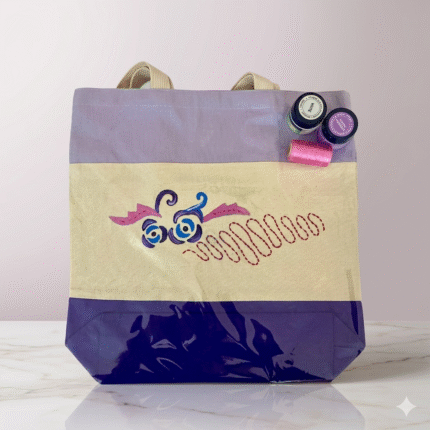 Xeebill abstract hand-painted canvas tote bag with purple and cream color block design