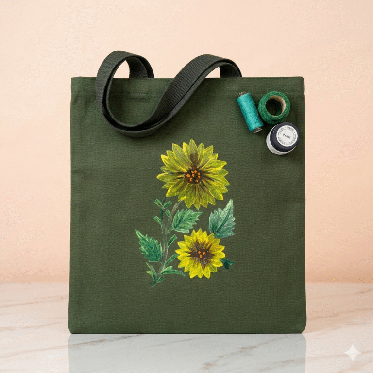 Xeebill hand-painted sunflower design on olive green canvas tote bag with dark green handles