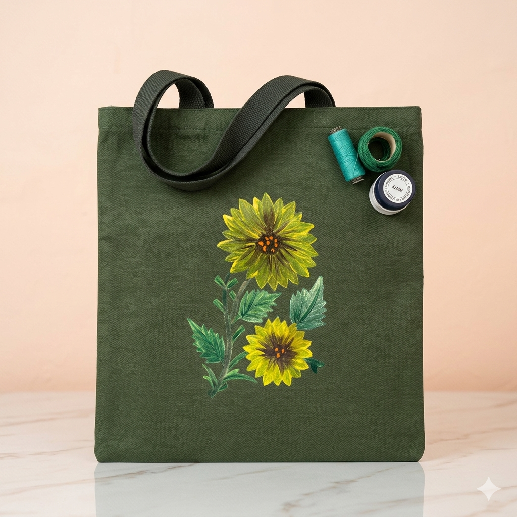 Gemini_Generated_Image_jhp6s5jhp6s5jhp6 Xeebill hand-painted sunflower design on olive green canvas tote bag with dark green handles