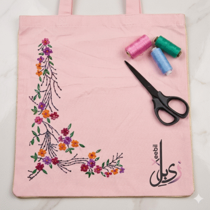 Xeebill pink canvas tote bag with colorful hand-embroidered floral vine design