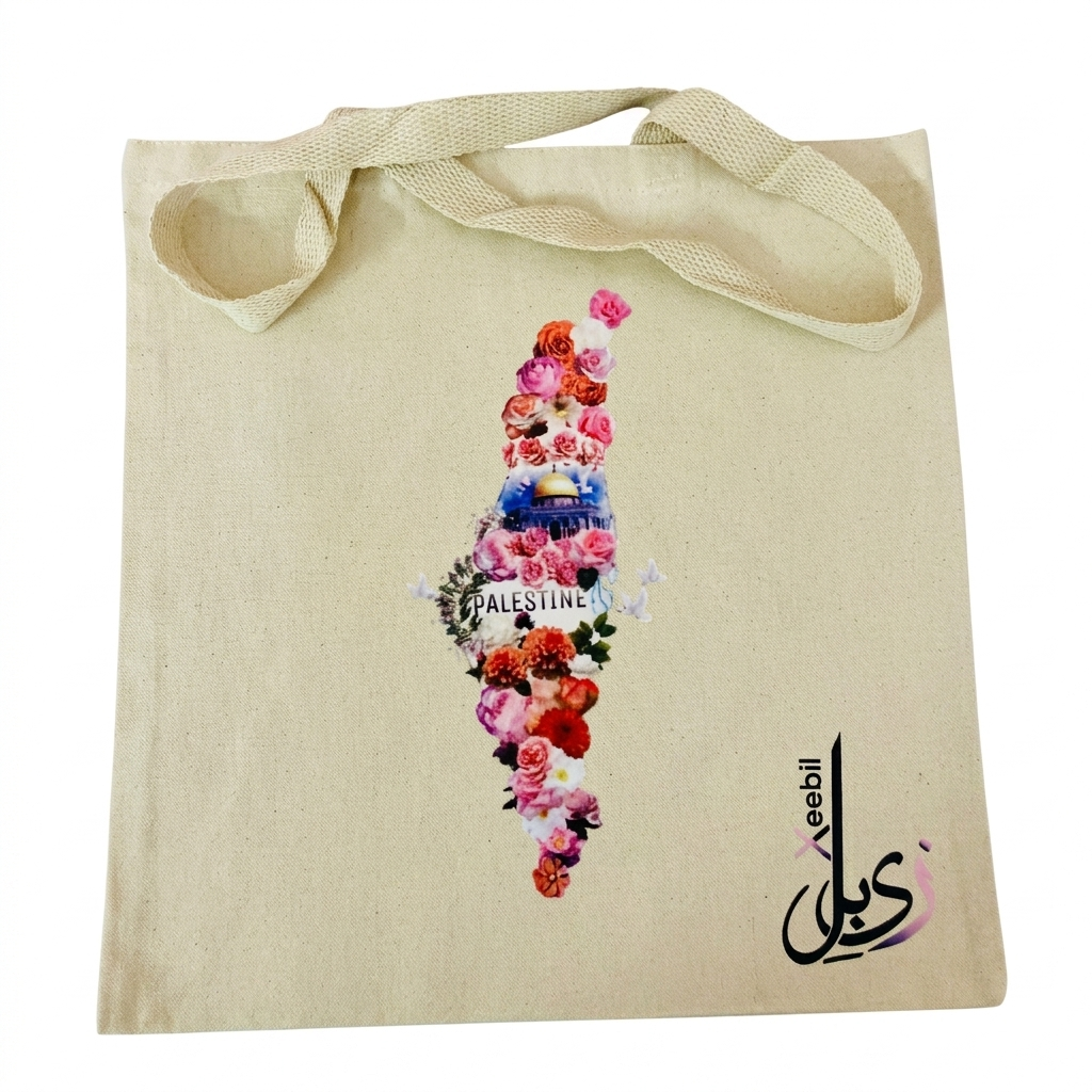 Gemini_Generated_Image_mctndzmctndzmctn Xeebill Palestine map tote bag made of roses with Dome of the Rock illustration on off-white canvas