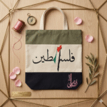 Xeebill Palestine calligraphy canvas tote bag with olive green and black color block panels