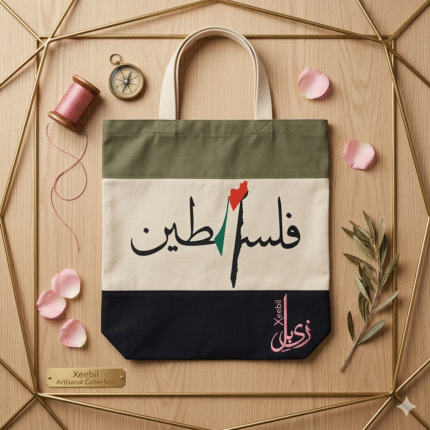 Xeebill Palestine calligraphy canvas tote bag with olive green and black color block panels