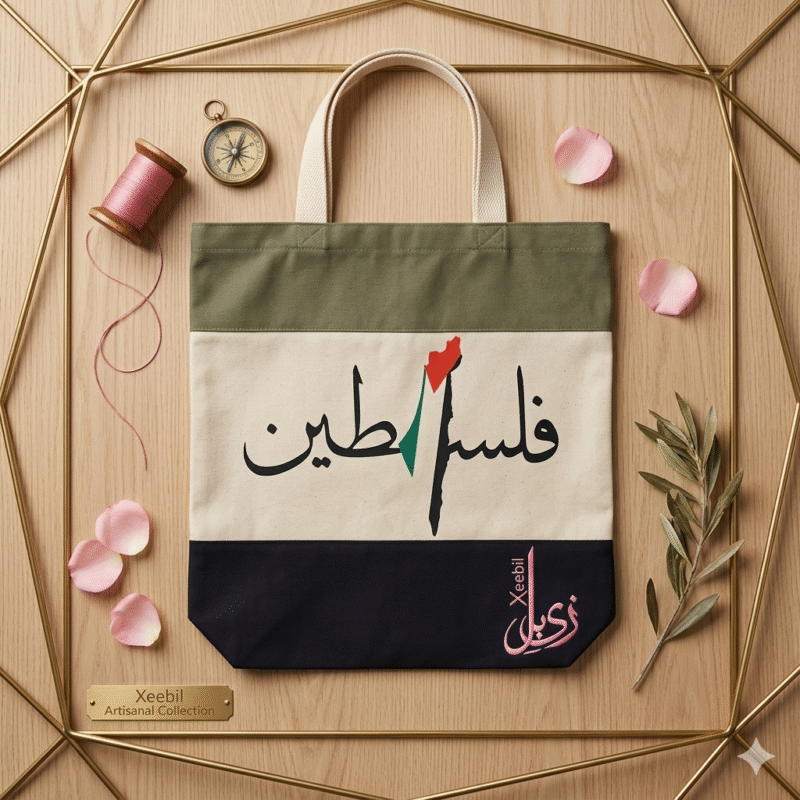 Xeebill Palestine calligraphy canvas tote bag with olive green and black color block panels