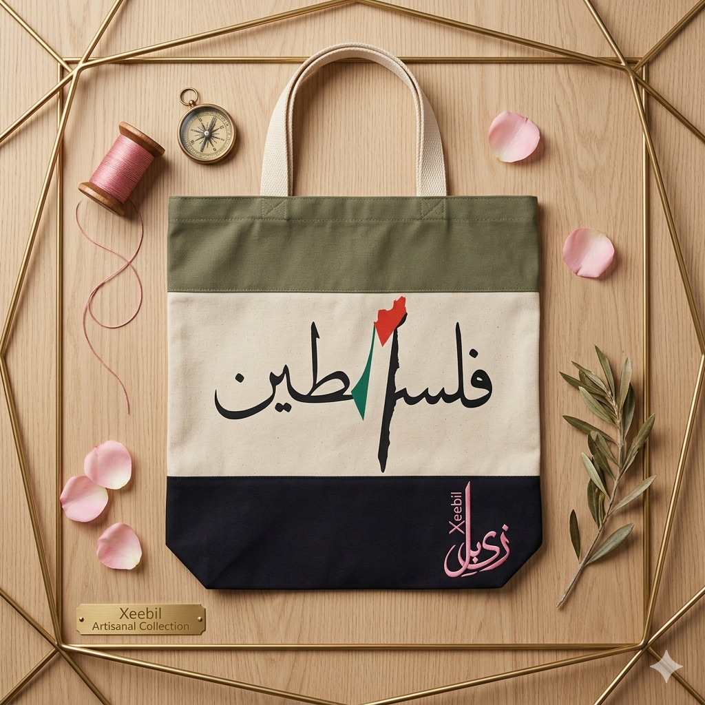 Gemini_Generated_Image_pillo1pillo1pill Xeebill Palestine calligraphy canvas tote bag with olive green and black color block panels