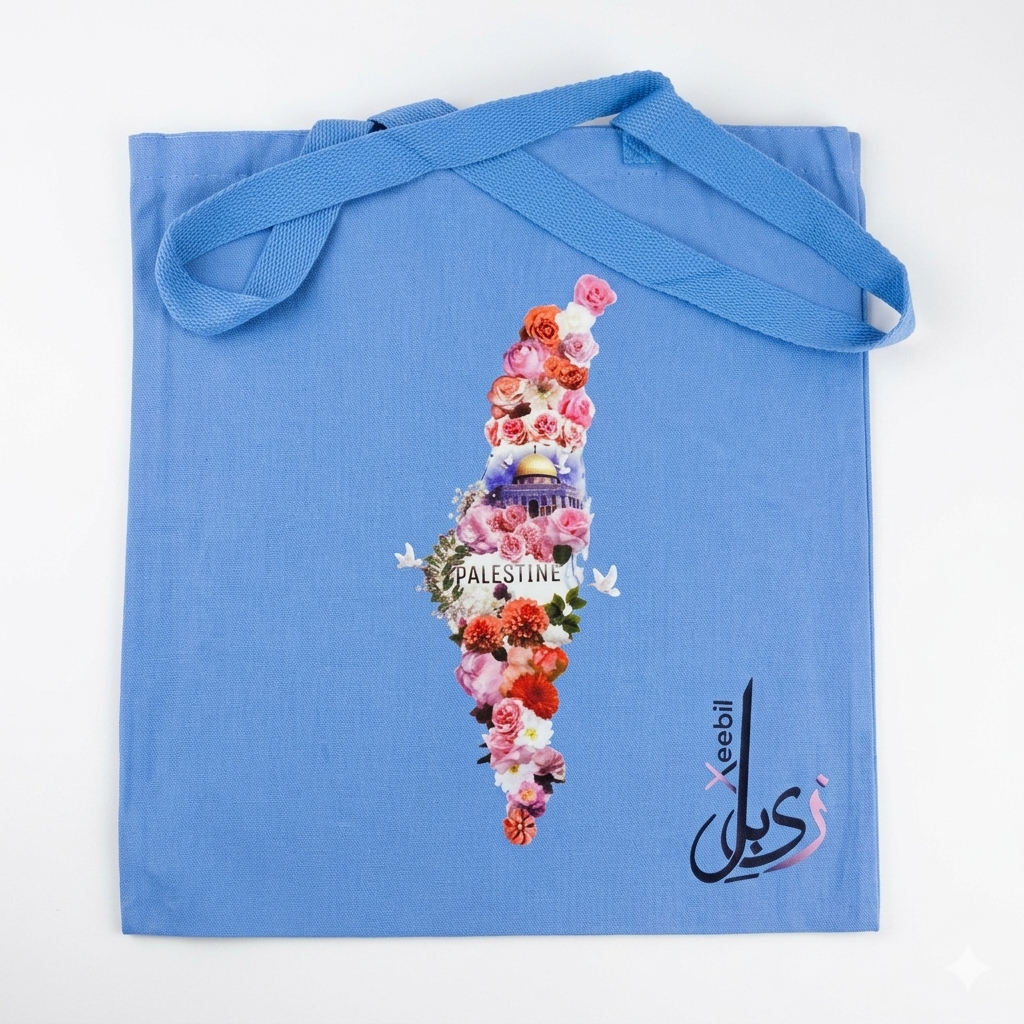Gemini_Generated_Image_pvyinzpvyinzpvyi Xeebill sky blue canvas tote bag with floral Palestine map and Dome of the Rock design