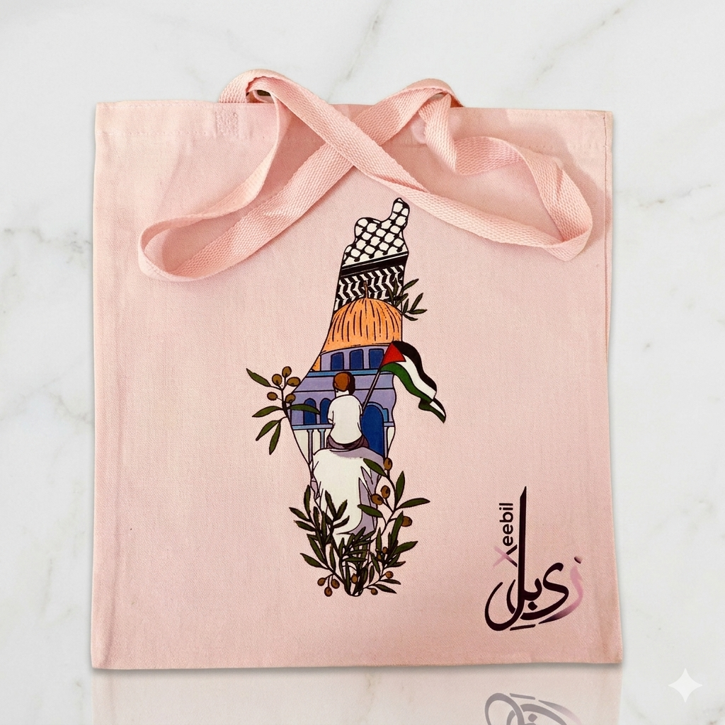 Gemini_Generated_Image_q15wtiq15wtiq15w Xeebill pink canvas tote bag with Palestine map illustration featuring Keffiyeh and olive branches