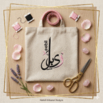 Xeebill signature canvas tote bag with black and pink embroidered logo and pink handles