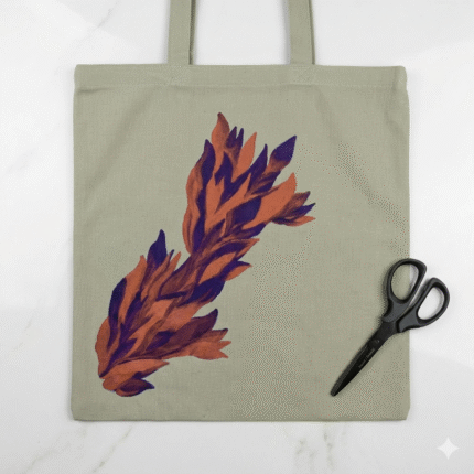 Xeebill abstract burnt orange and purple leaf design on sage grey canvas tote bag
