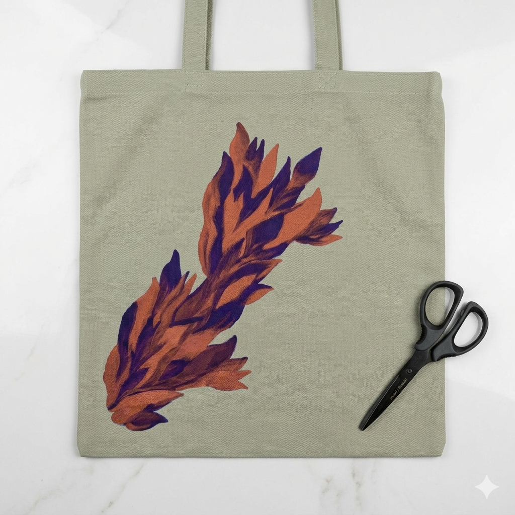 Gemini_Generated_Image_wjni4ywjni4ywjni Xeebill abstract burnt orange and purple leaf design on sage grey canvas tote bag