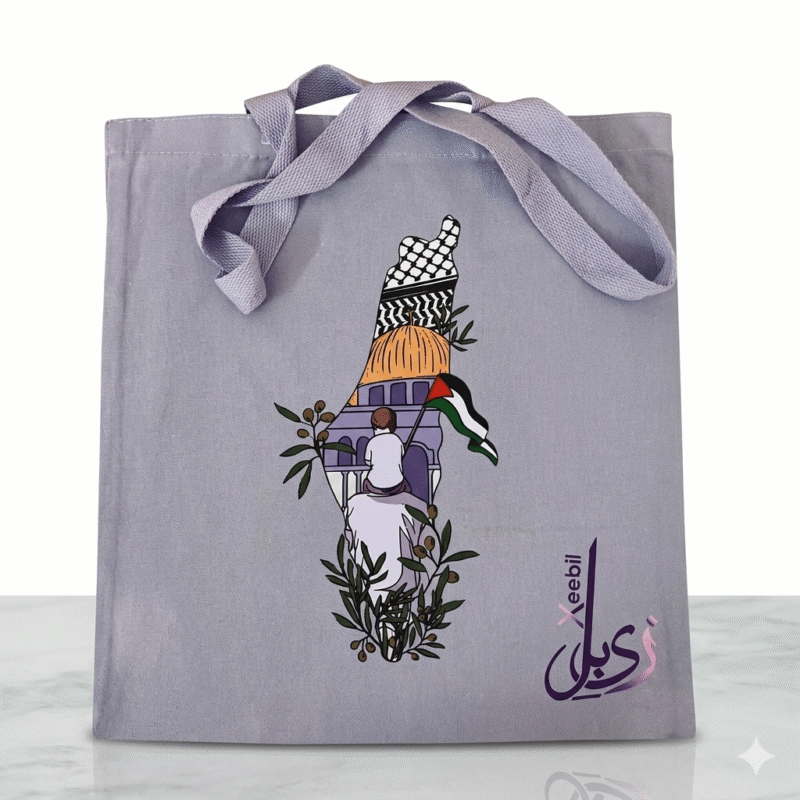 Xeebill grey canvas tote bag with Palestine map illustration featuring Keffiyeh and olive branches